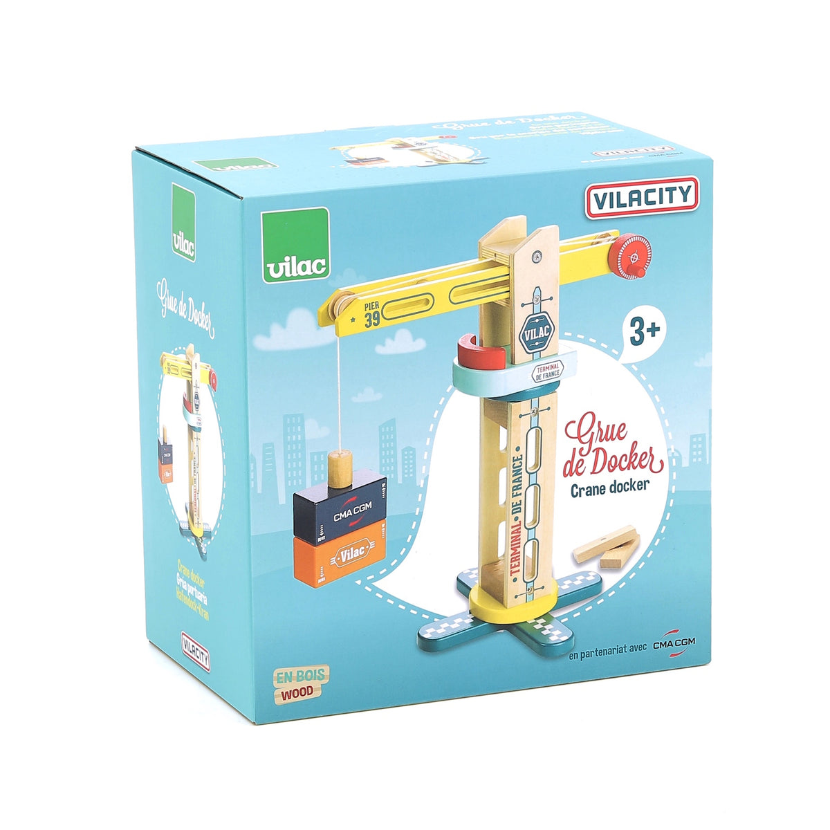 Vilac Vilacity Crane Docker wooden toy set featuring Terminal de France crane and CMA CGM cargo containers in box.