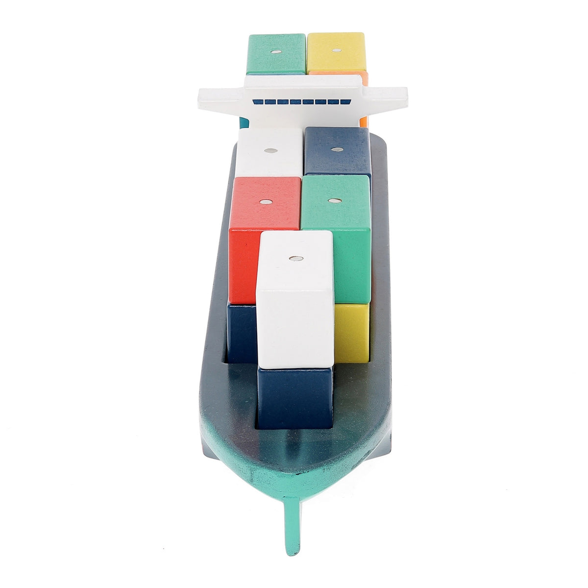 Wooden toy cargo ship with colorful shipping containers on deck on white background.