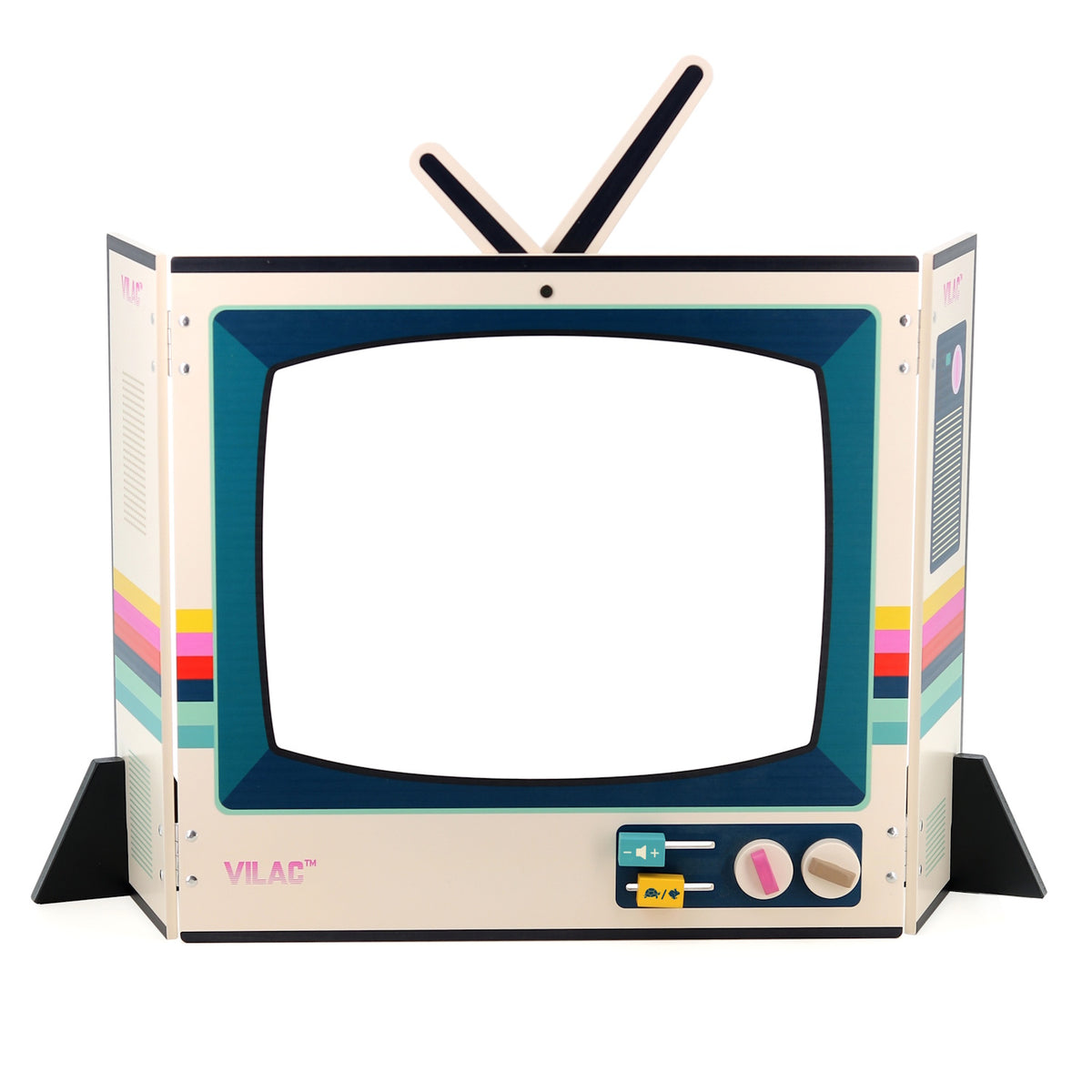 Vilac retro wooden pretend play TV set with antenna, knobs, and colorful striped side panels.
