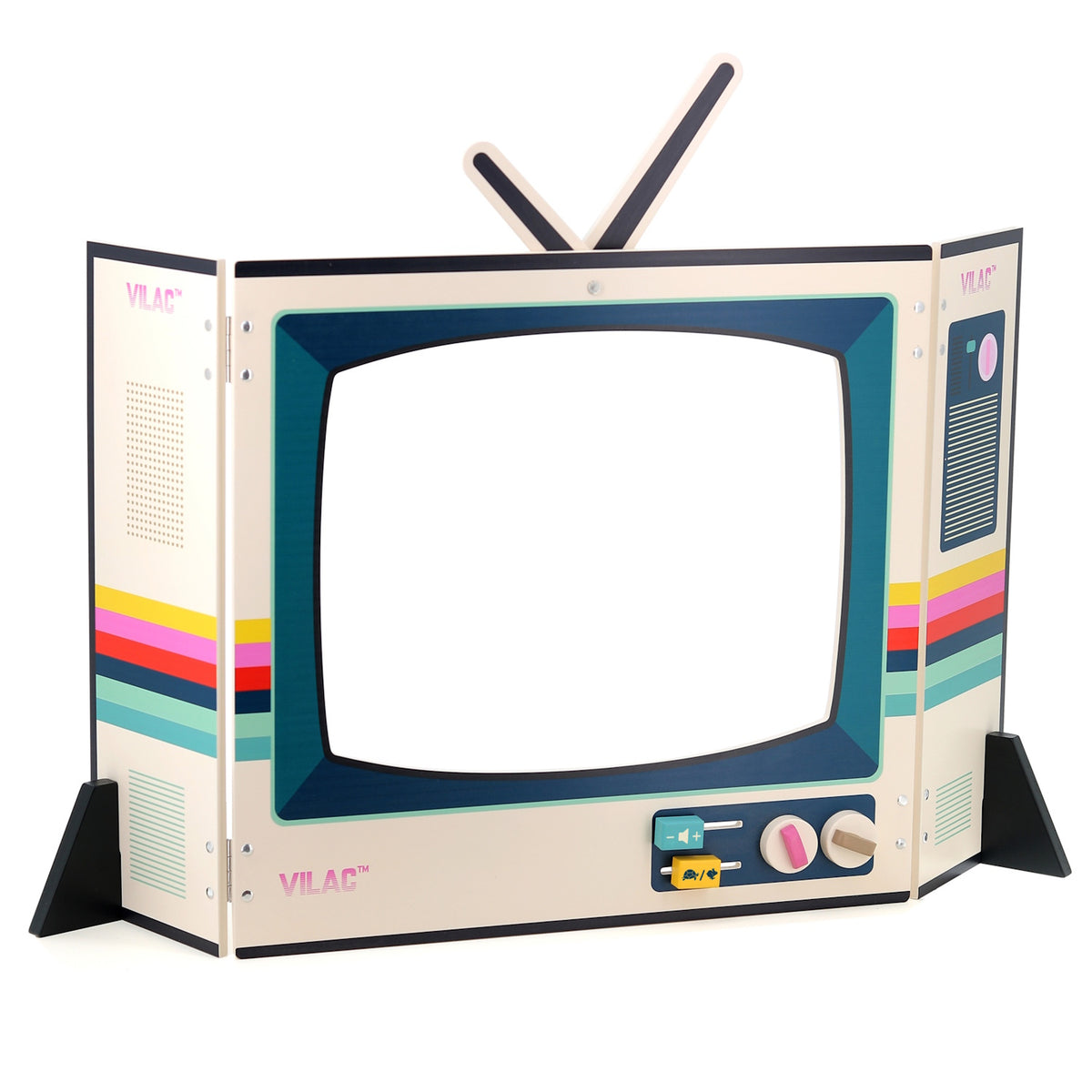 Vilac wooden retro pretend play TV with knobs and antenna.