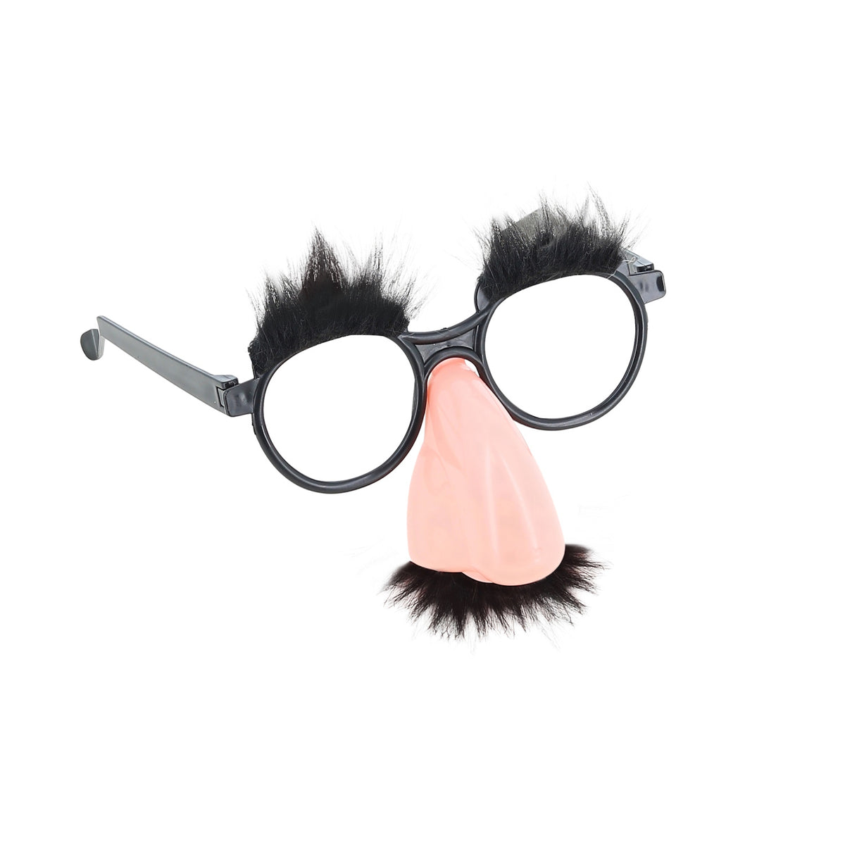 Classic Groucho Marx disguise glasses with fake nose, fuzzy eyebrows, and mustache on a white background.