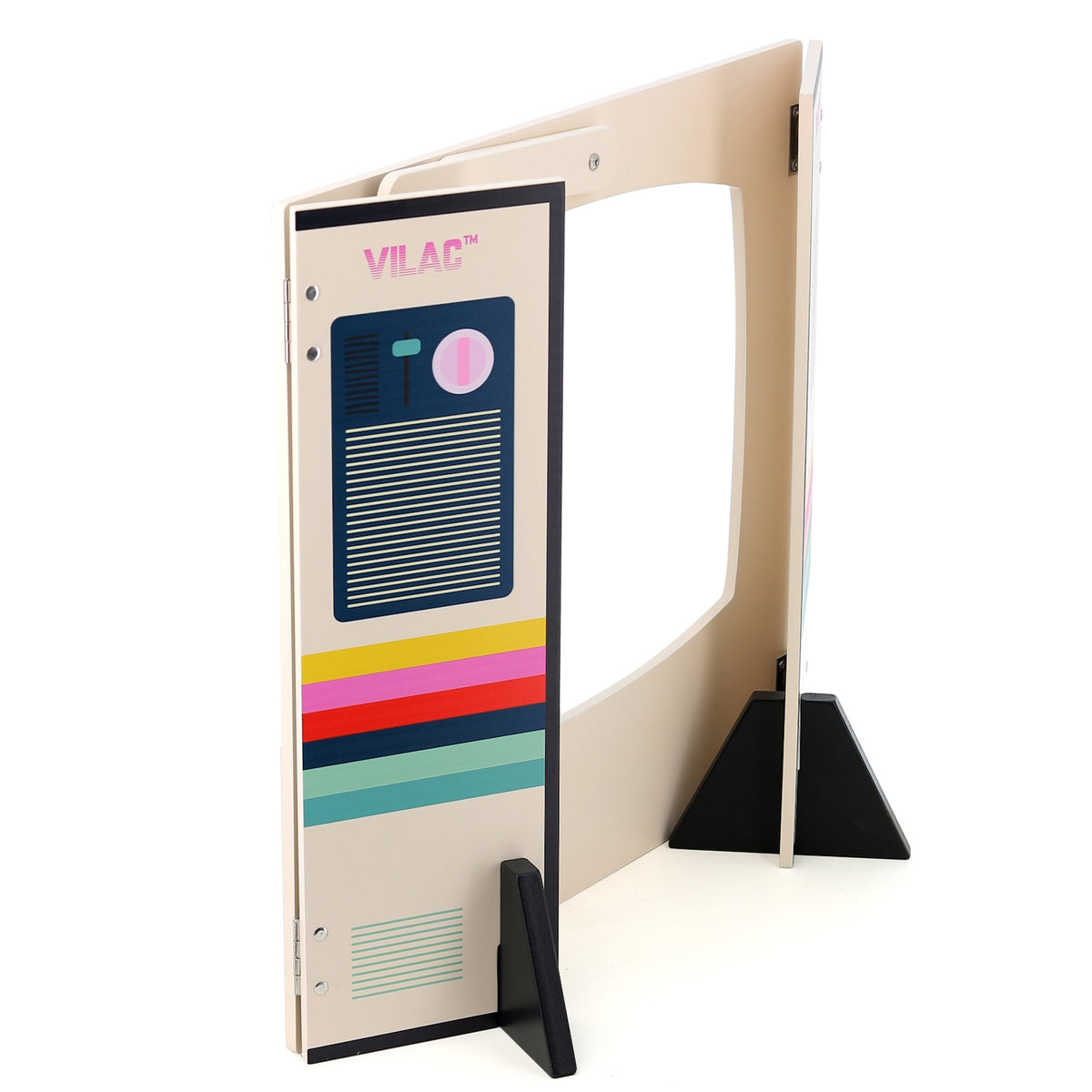 Vilac wooden retro pretend play TV theater side view showing colorful striped folding panels and stand.