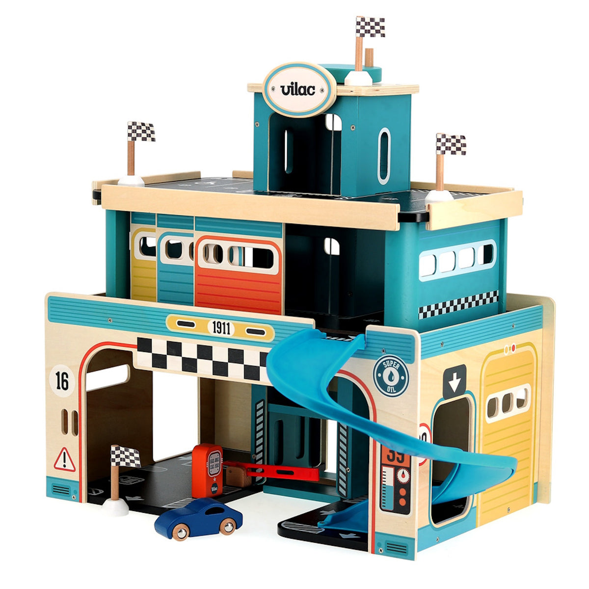 Vilac vintage wooden toy car garage with blue slide, race flags, gas station, and blue toy car on white background.