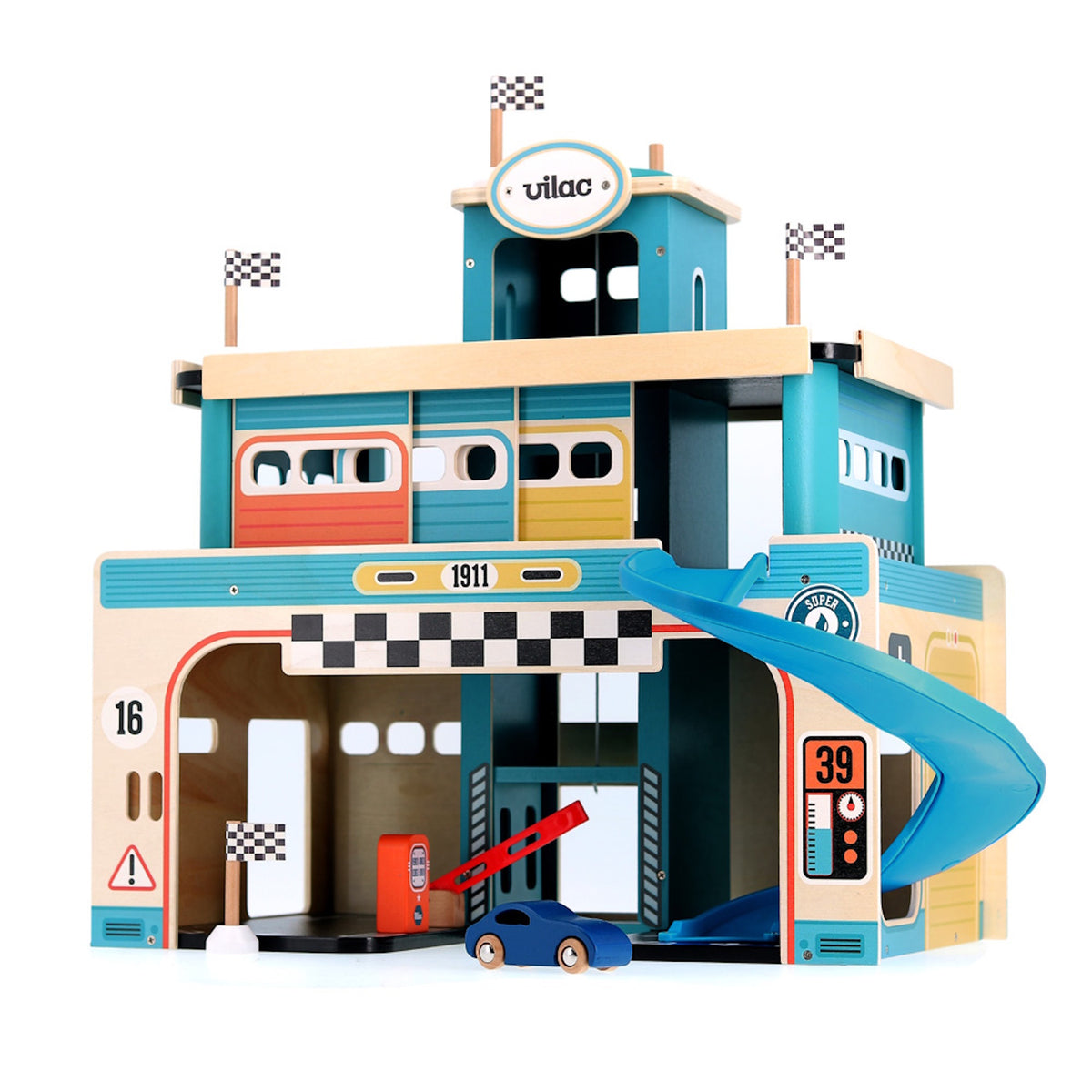 Vilac wooden toy car garage with blue slide, race flags, gas station, and blue toy car on white background.