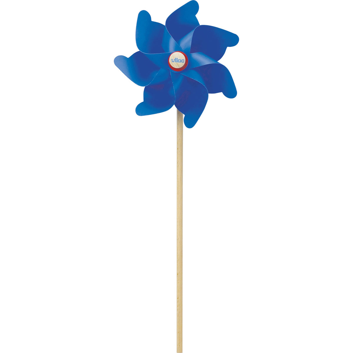 Blue Vilac pinwheel toy with a wooden stick and a central Vilac logo emblem on a white background.