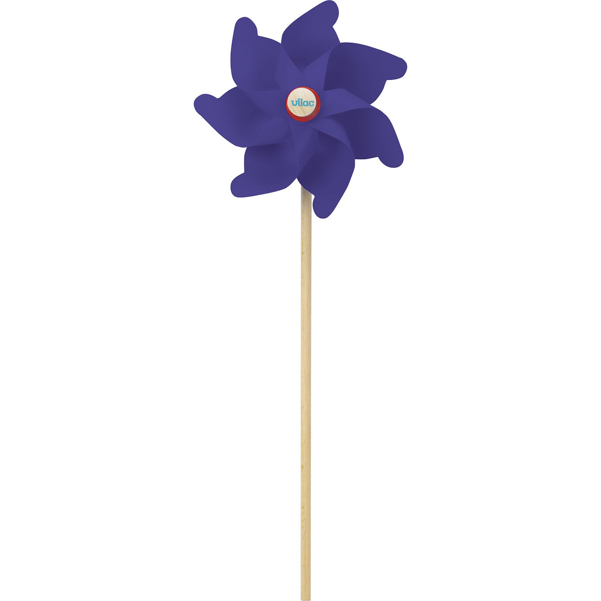 Purple Vilac toy pinwheel windmill on a wooden stick.