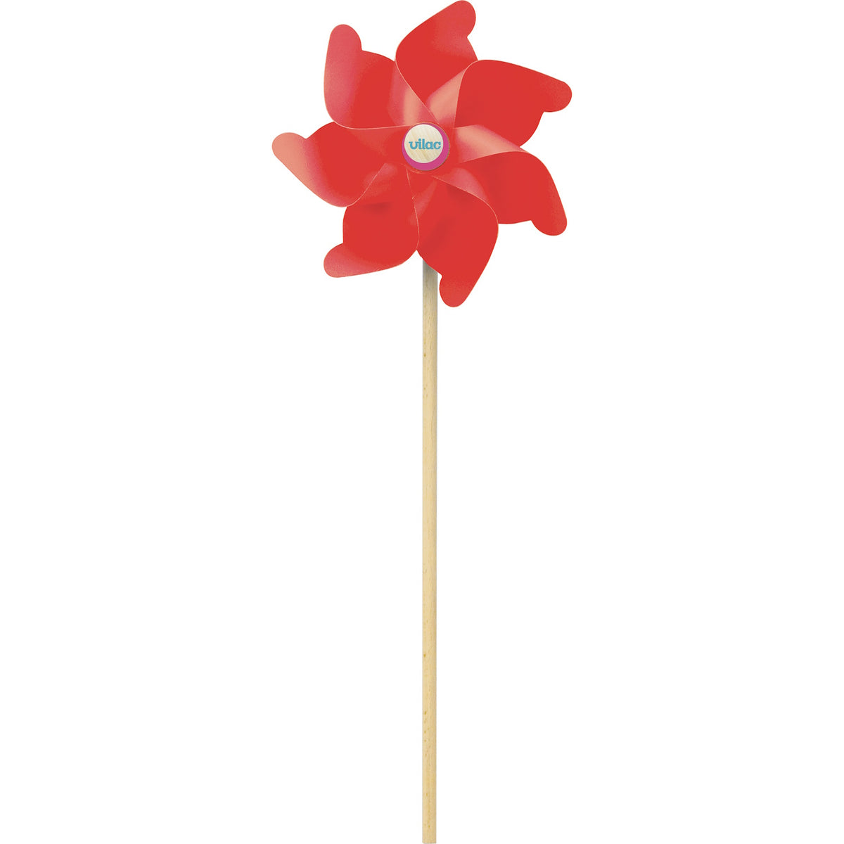 Red Vilac toy pinwheel windmill with a wooden stick handle, isolated on a white background.