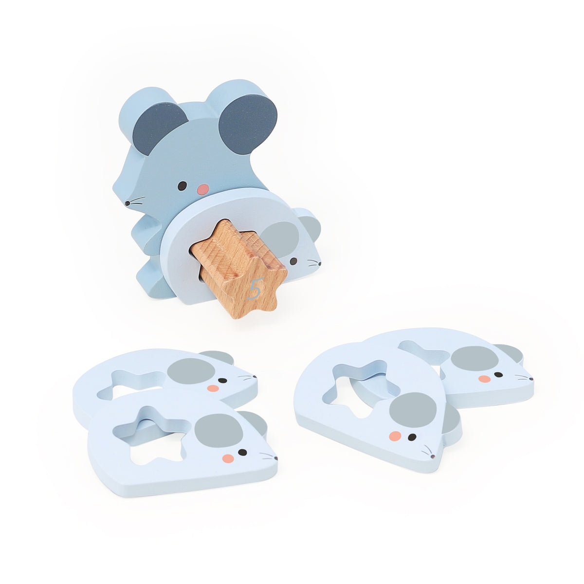 Vilac wooden stacking mice toy with star number 5 peg, educational counting puzzle game for toddlers.