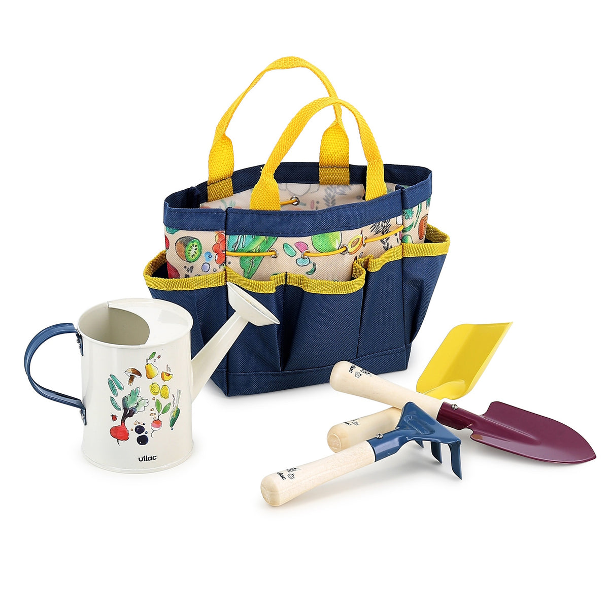 Kids' gardening tool set with a blue and yellow tote bag, watering can, shovels, and rake on a white background.