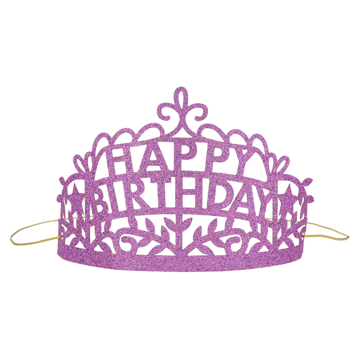 Violet glitter Happy Birthday tiara with intricate cutouts and elastic headband for party celebrations and birthdays.