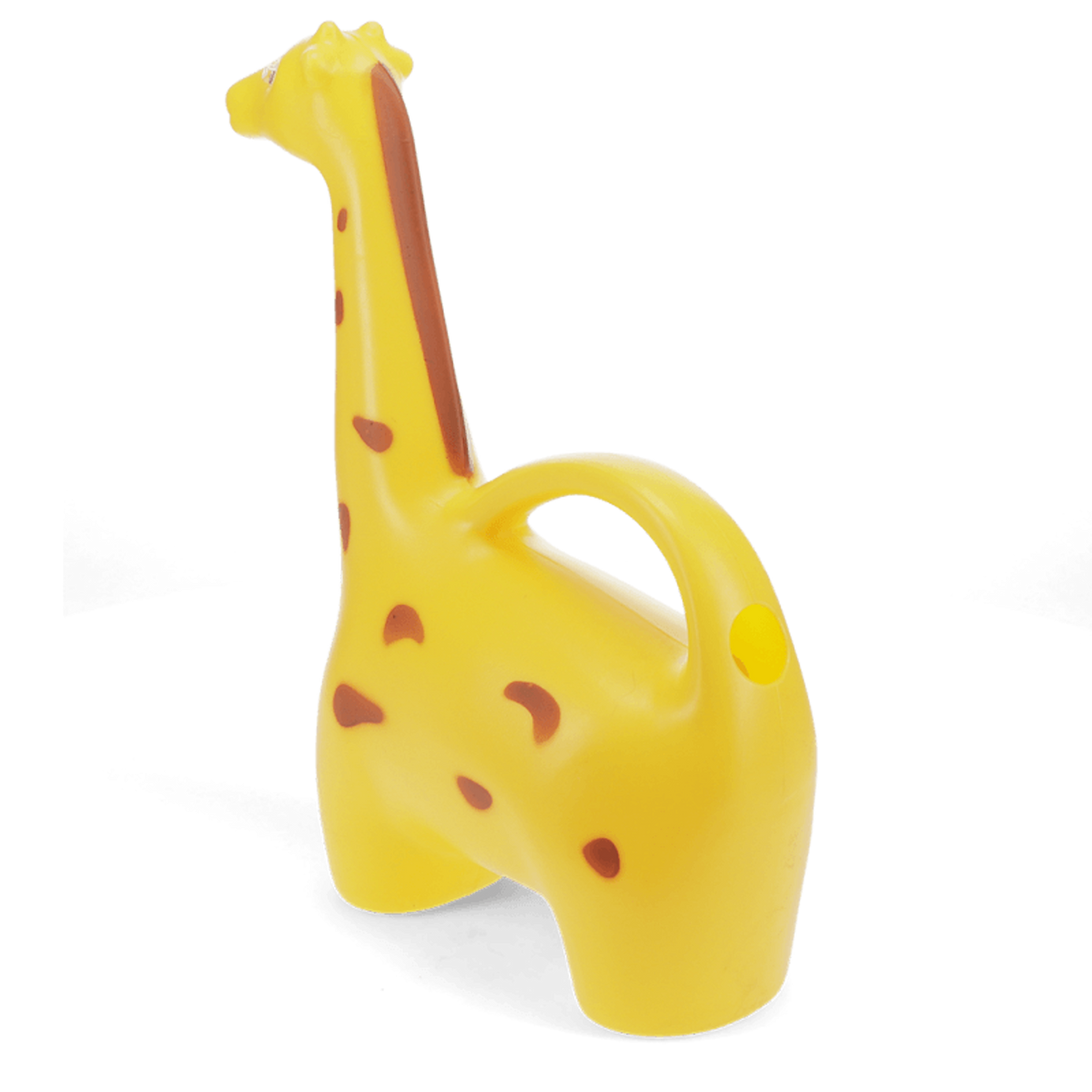 Yellow giraffe-shaped plastic watering can with brown spots, back view with handle and fill hole on a white background.