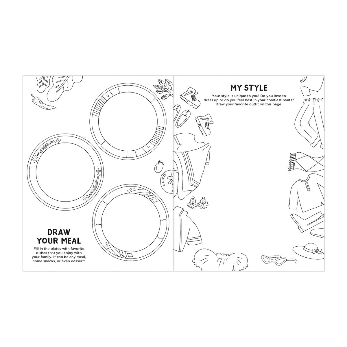 Coloring page divided into two sections. Left: three empty plates labeled "Draw Your Meal" with vegetable illustrations. Right: clothes and accessories outline with "My Style" prompt. Playful and imaginative theme.