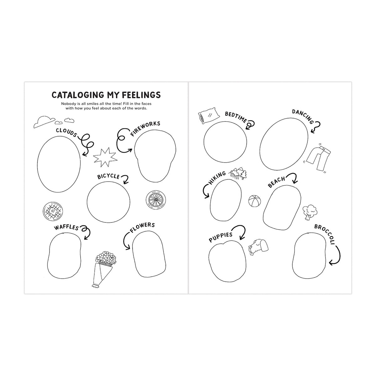 Two-page worksheet titled "Cataloging My Feelings" with blank face outlines next to images like clouds, bicycle, and puppies, prompting emotions expression.