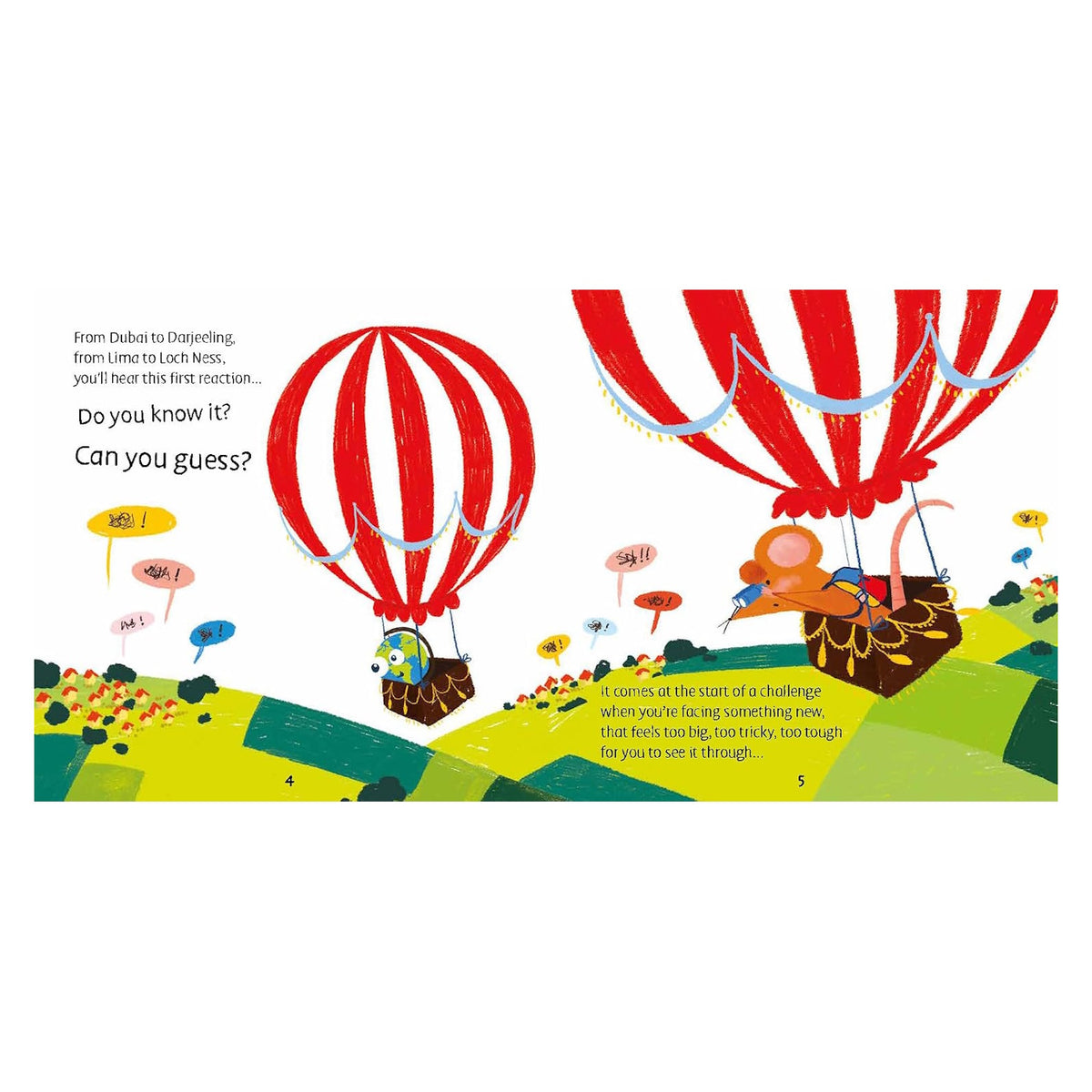 Children's book spread with a mouse and globe flying in red hot-air balloons over rolling hills.