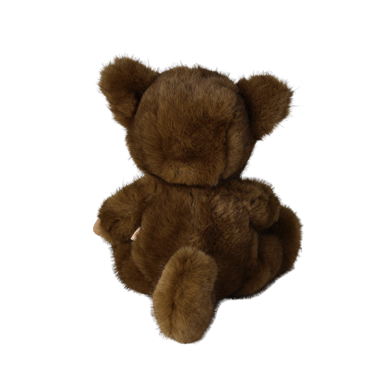 Back view of a seated plush doll in a fuzzy brown werewolf costume showing its tail and ears.