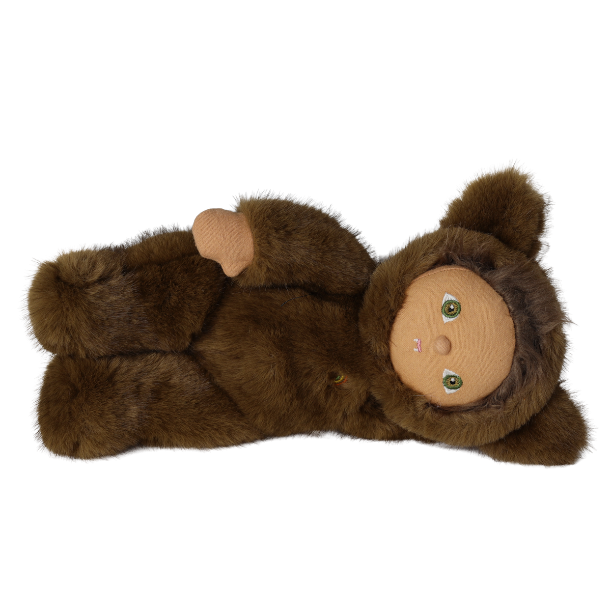 Plush doll in a brown werewolf costume lying on its side against a white background.
