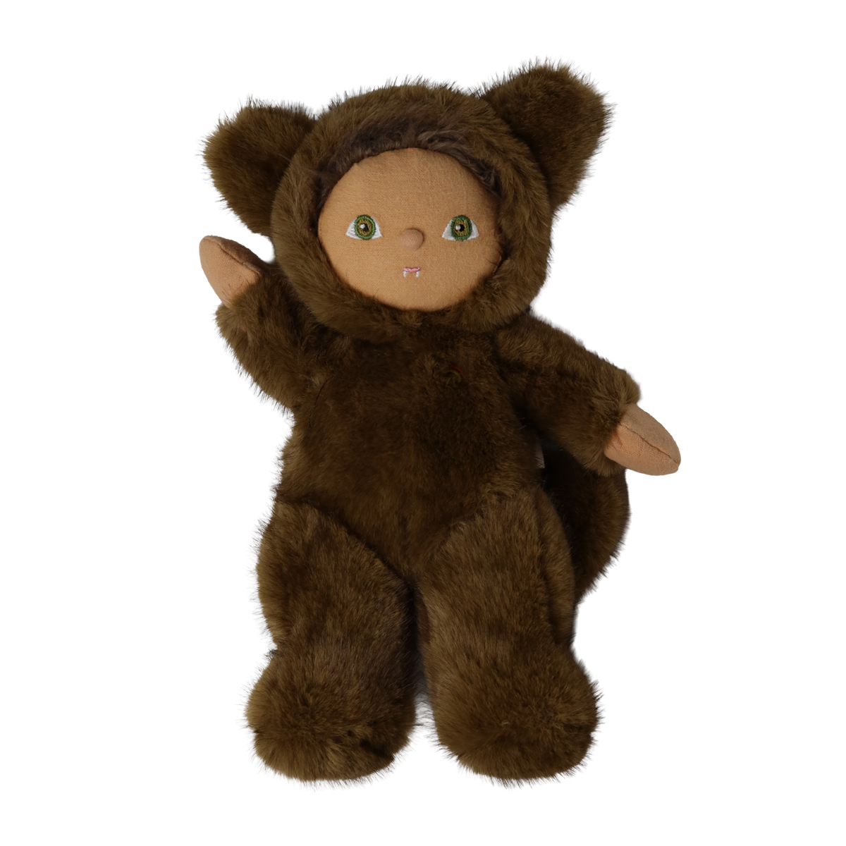 Plush brown werewolf doll in a hooded fur suit raising one hand in a wave against white background.