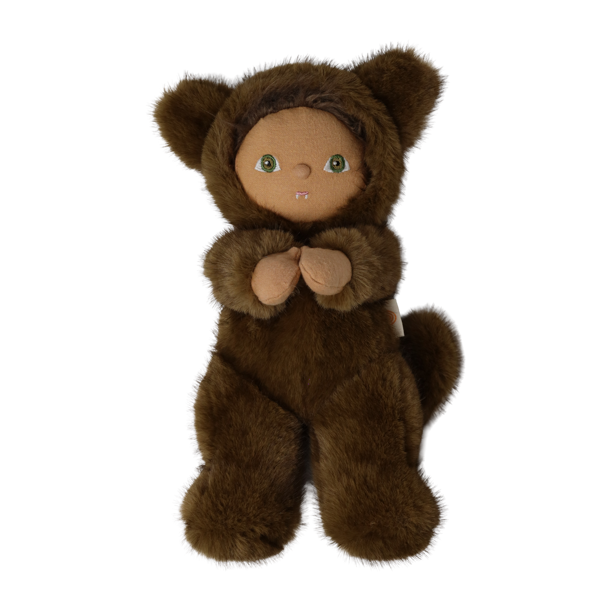 Plush doll wearing a fuzzy brown werewolf suit with animal ears against a white background.