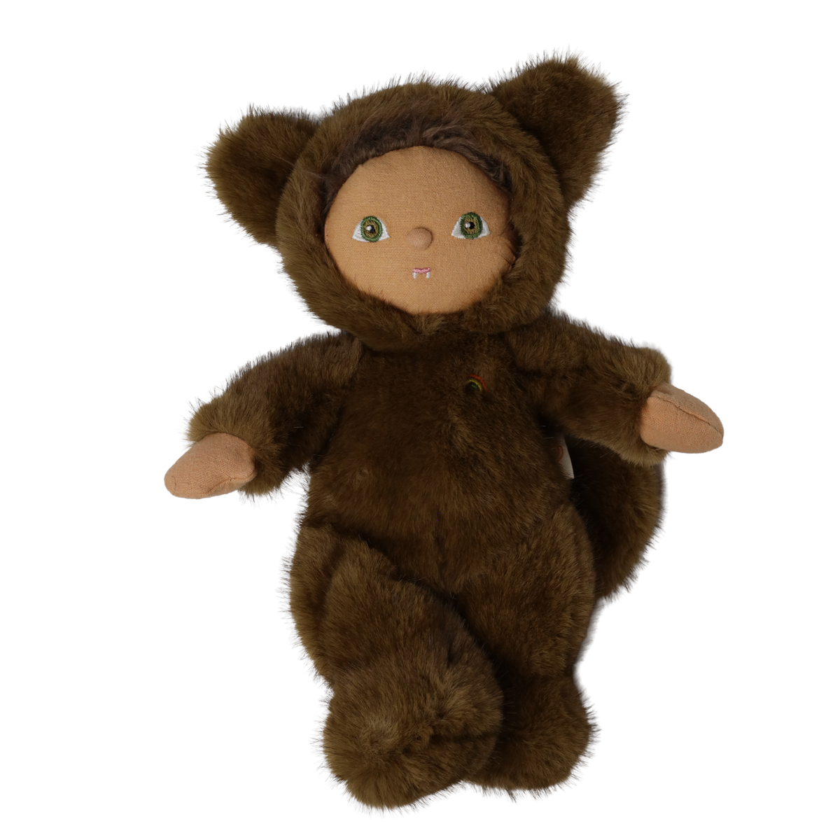 Plush doll in a brown fuzzy werewolf costume standing with open arms against a white background.