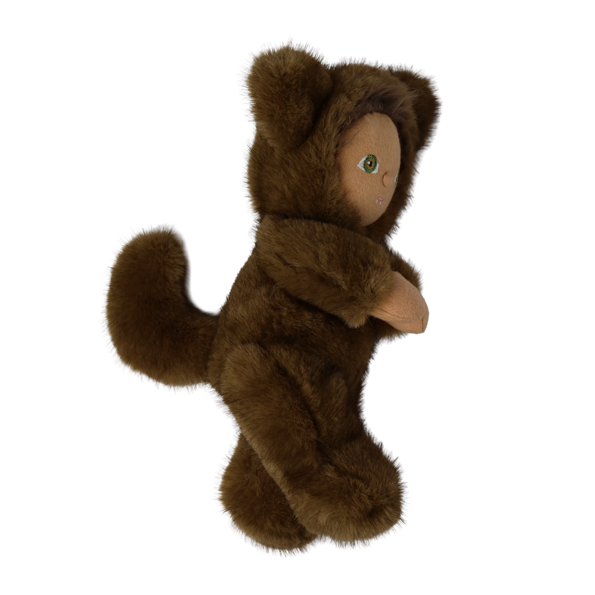 Side profile of a plush doll in a fuzzy brown werewolf suit showing its tail and ears.