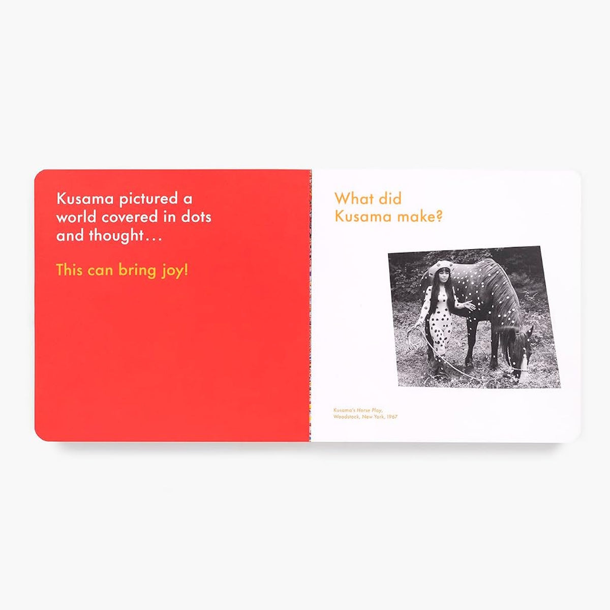Book spread with text about dots and a B&W photo of Yayoi Kusama beside a polka-dotted horse.