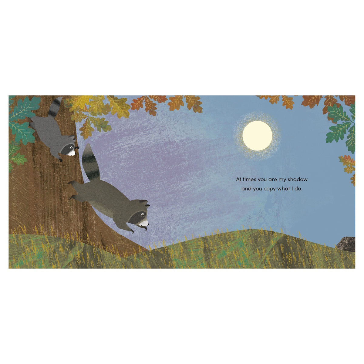 Illustration of a large raccoon and a small raccoon climbing down a tree trunk under a full moon.