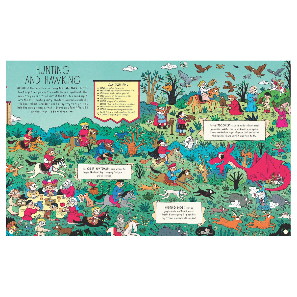 Colorful illustrated scene depicting a medieval hunt. Various characters ride horses, accompanied by dogs and birds. A whimsical dragon and lush greenery fill the scene, creating a lively, adventurous atmosphere.