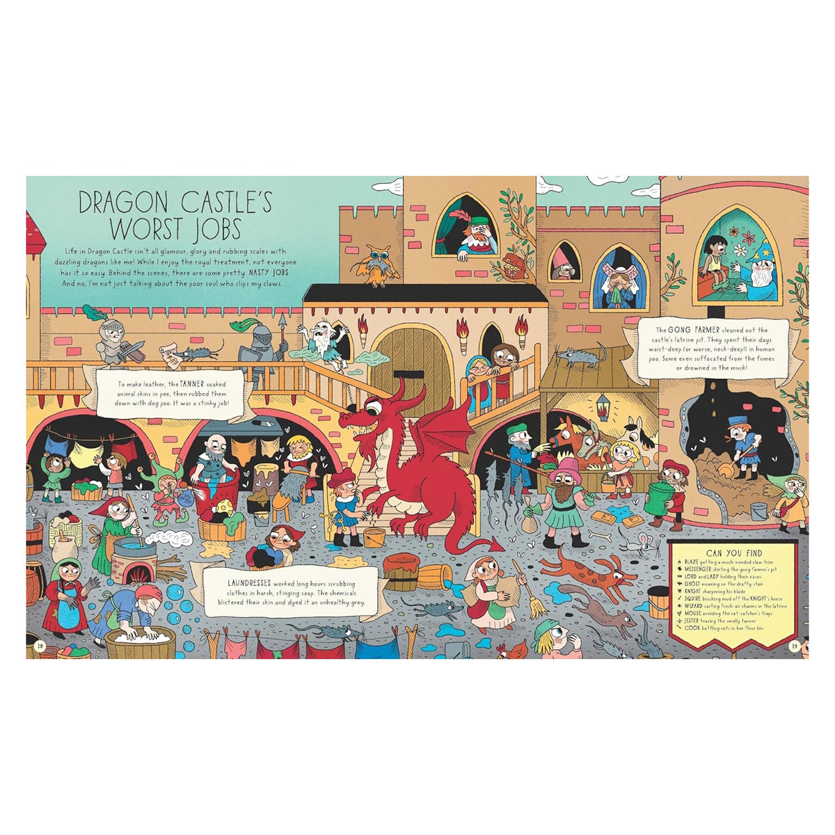 Illustrated scene of a busy medieval castle with a red dragon, diverse workers in colorful outfits doing various jobs, and text describing them humorously.