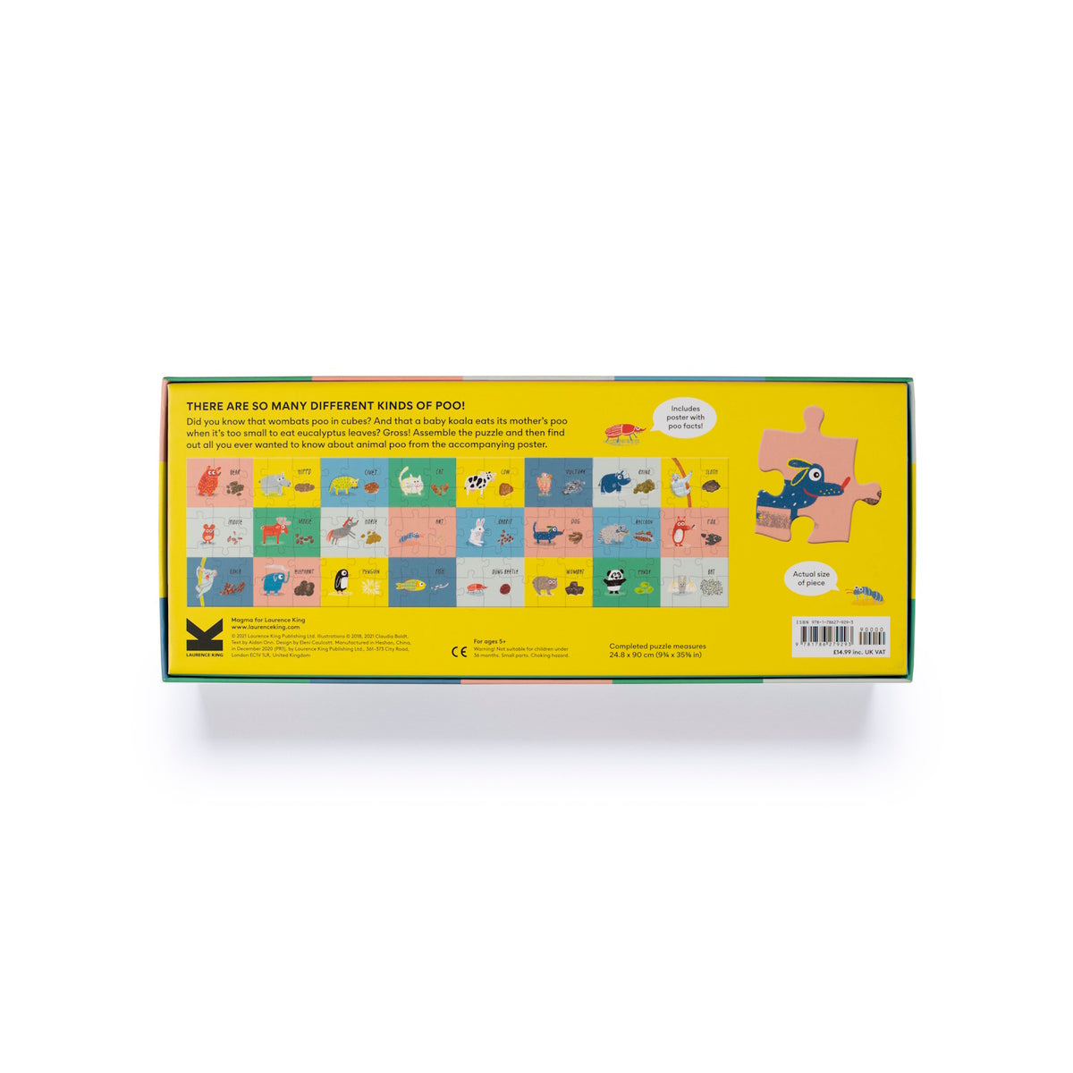 Back of Who Did This Poo? Jigsaw Puzzle box showing animal facts, illustrated puzzle pieces, and product specifications.