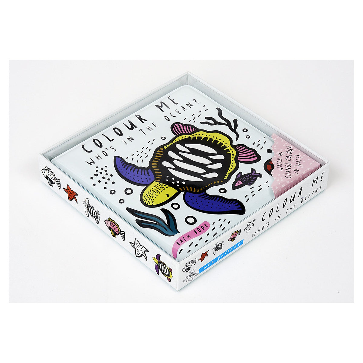 Wee Gallery "Colour Me: Who's in the Ocean?" color-changing bath book in packaging featuring a sea turtle illustration.