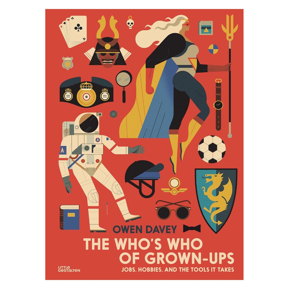 Book cover for "The Who's Who of Grown-Ups" featuring an astronaut and superhero on a red background.