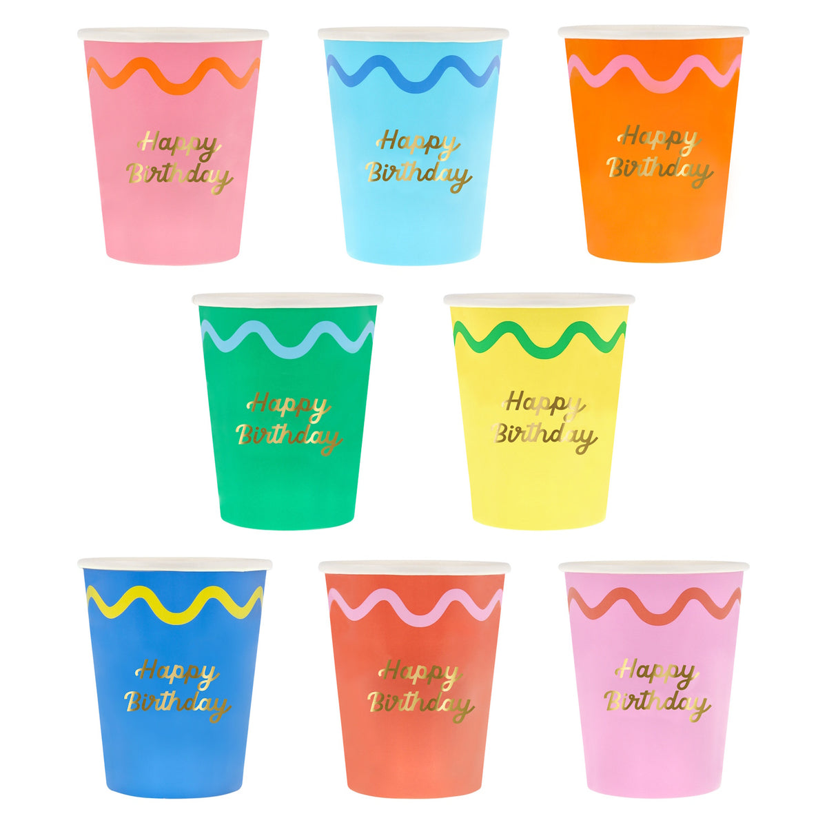 Eight colorful paper cups with wavy borders and "Happy Birthday" written in gold script.