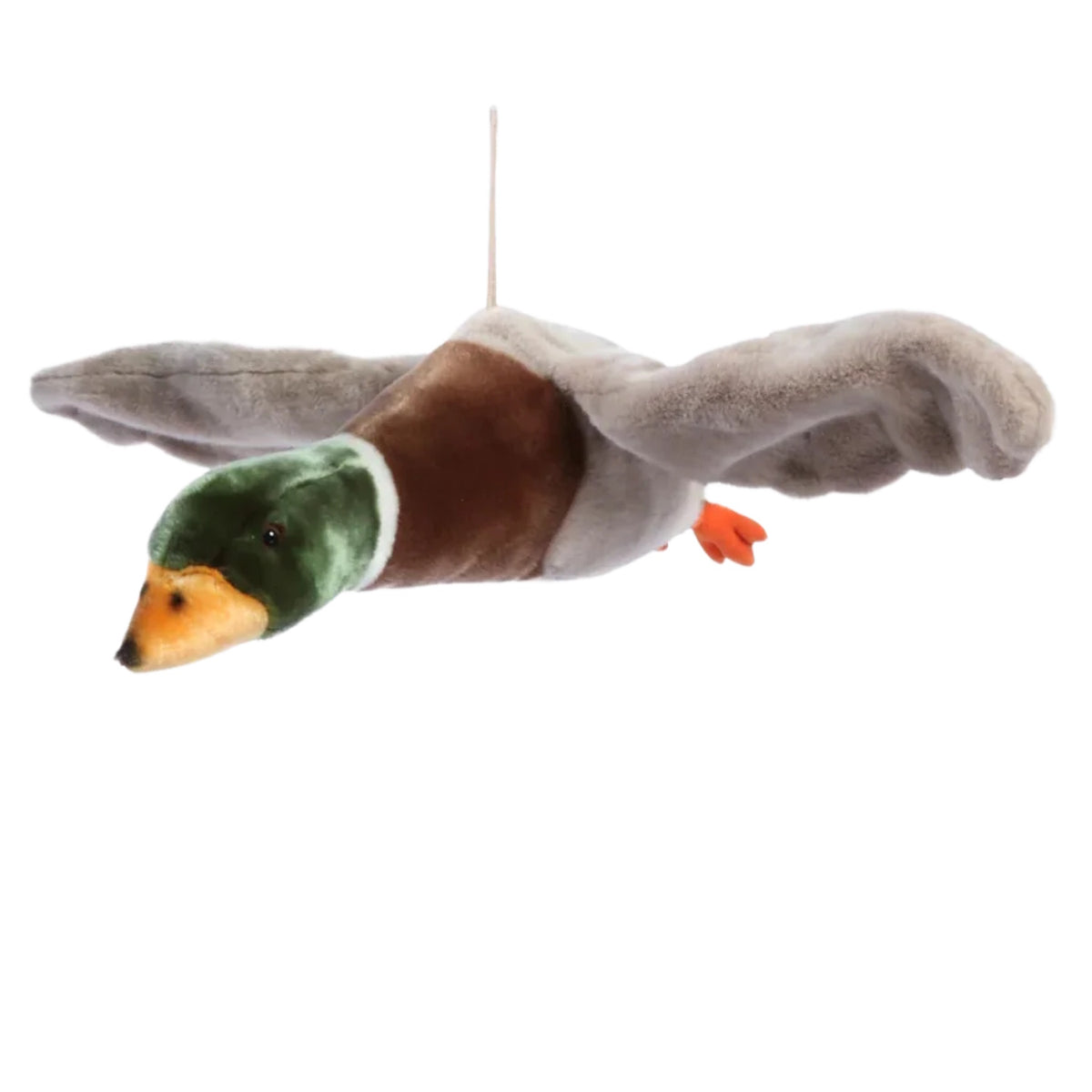 Plush mallard duck toy hanging in a flying position with green head and outstretched wings.