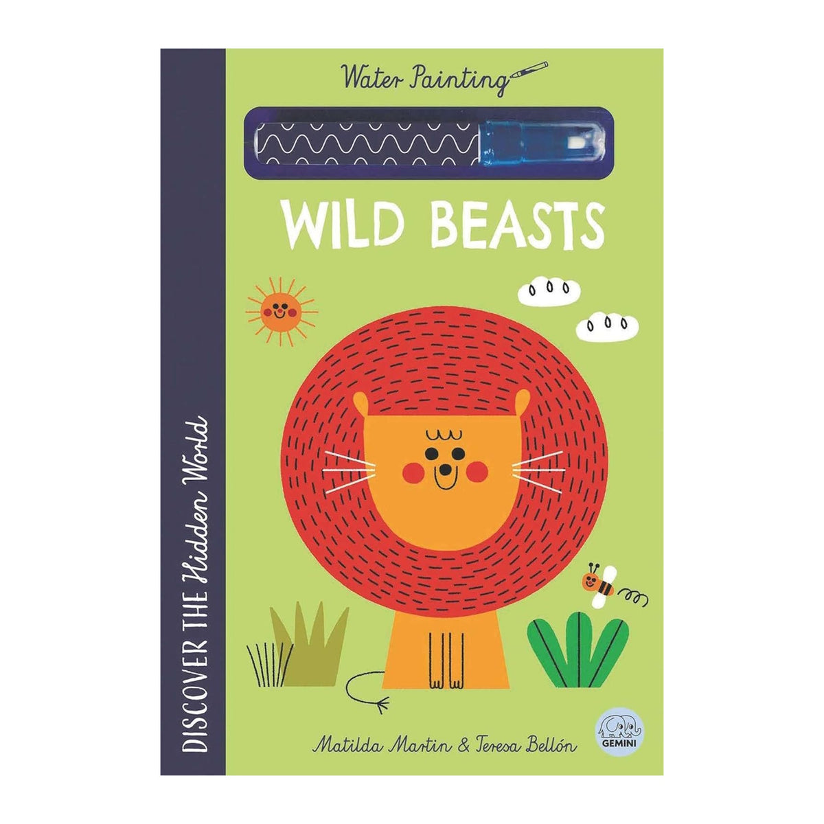 Children's book cover titled "Wild Beasts." Features a smiling, cartoon lion with a large mane, surrounded by simple colorful shapes and playful text.