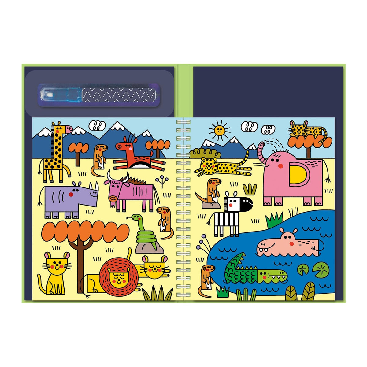 Colorful children's book illustration of a vibrant jungle scene with playful animals, including a giraffe, elephant, zebra, and lion, surrounded by trees and a river.