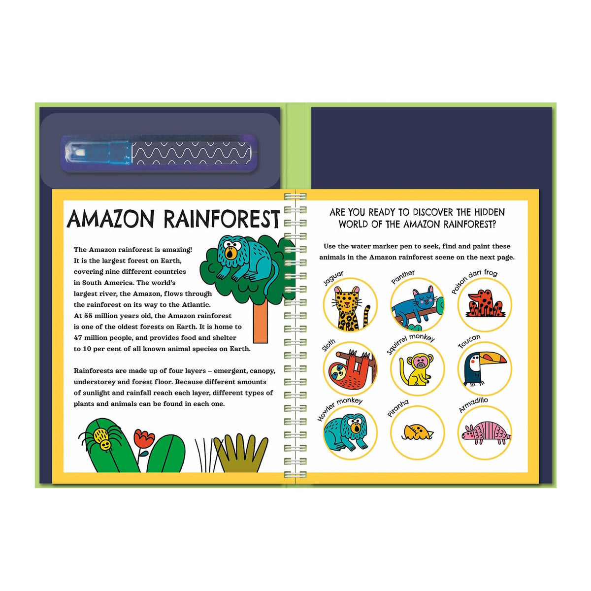 Open book on the Amazon Rainforest, featuring text about its significance and a list of animals to discover. Includes a water marker pen in a slot. Bright, educational theme.