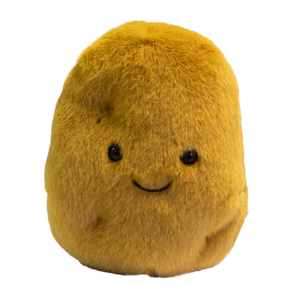 A plush, golden-brown potato-shaped toy with a cute smiling face and black eyes. The simple design conveys a playful and friendly tone.