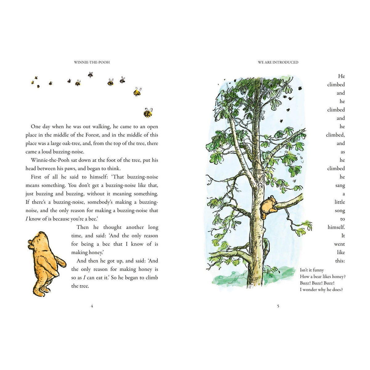 Winnie-the-Pooh climbing a tall oak tree toward bees and honey, from the original A.A. Milne book.