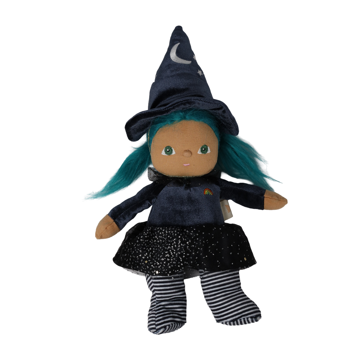 Standing plush witch doll with teal hair, a tall pointed hat, and black-and-white striped legs.