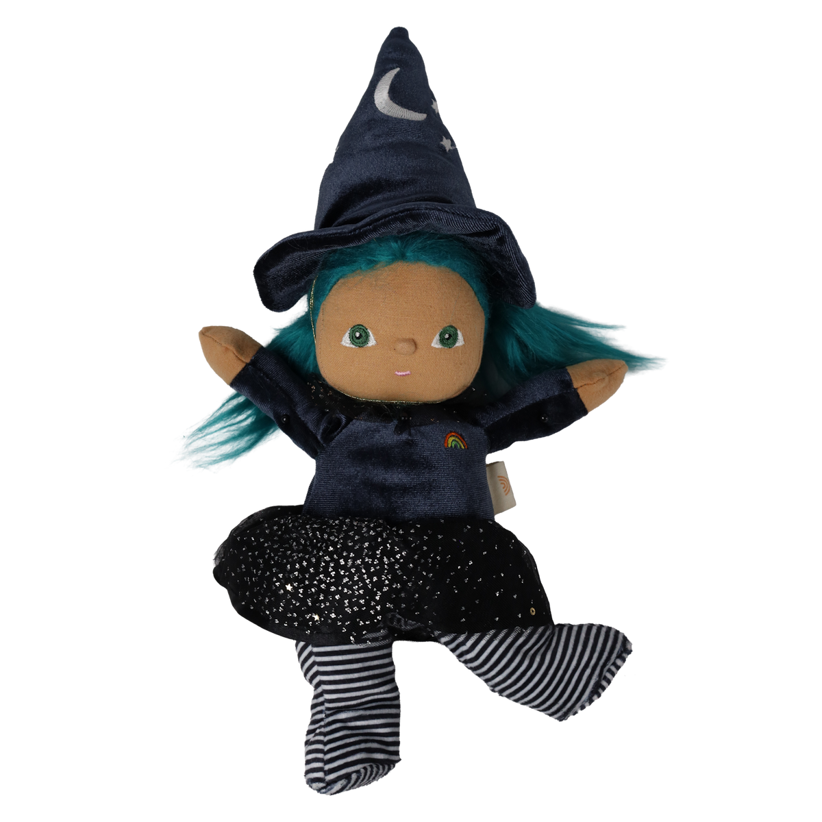 Plush witch doll with teal hair and pointed hat posing playfully with raised arms and a kicked leg.