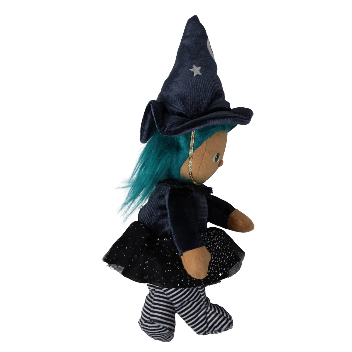 Side profile view of a plush witch doll with teal hair, pointed hat, and striped legs.