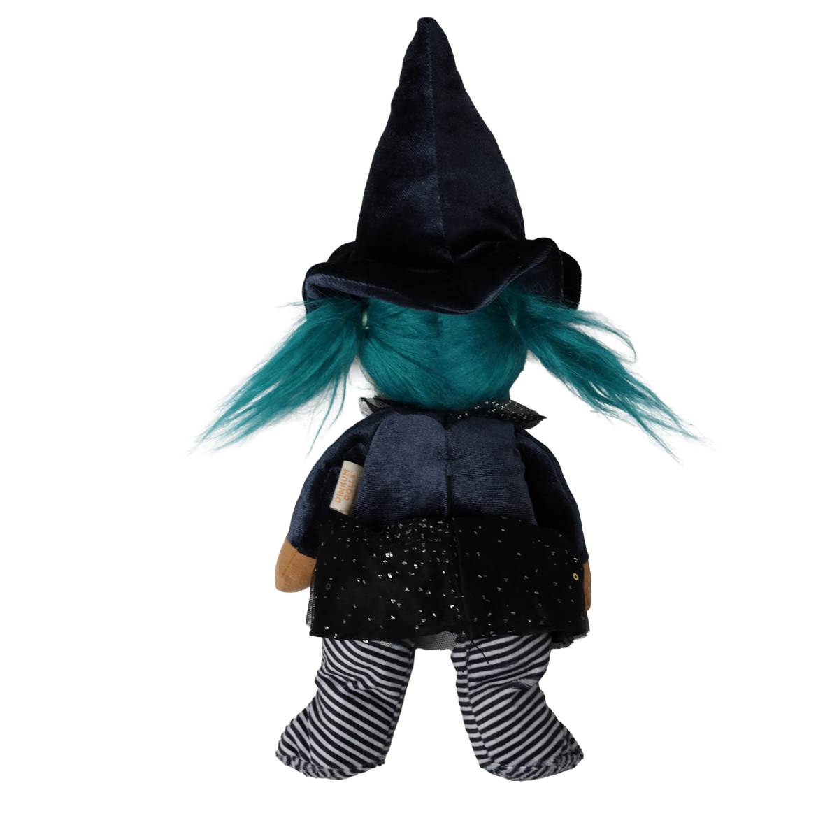 Back view of a plush witch doll with teal pigtails, a tall pointed hat, and a black sparkly skirt.