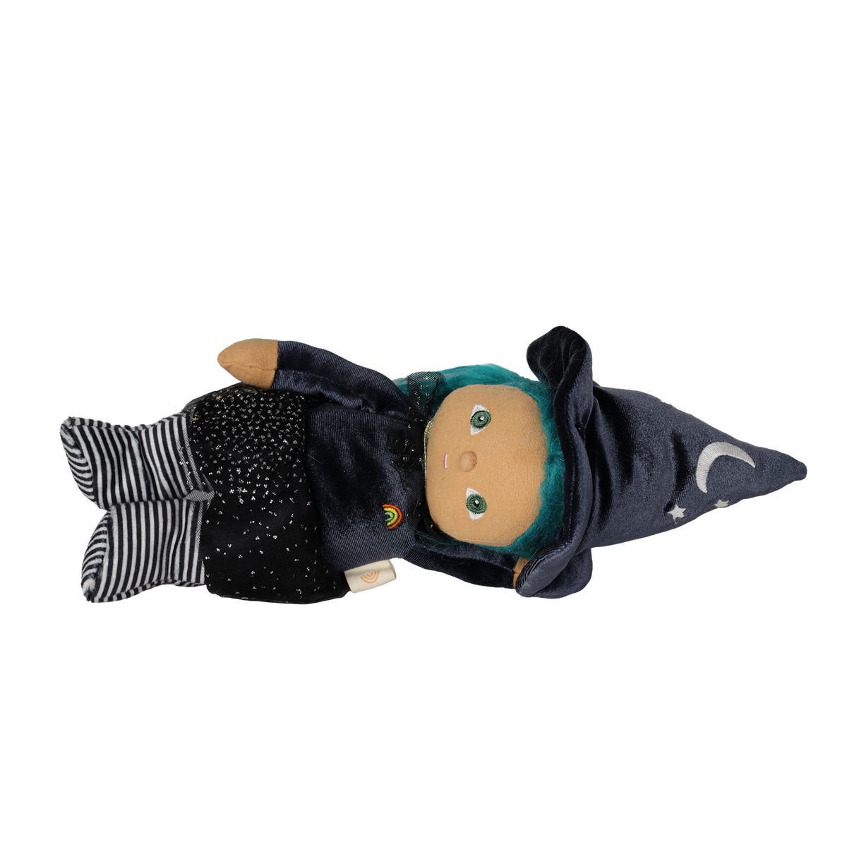 Plush witch doll with teal hair and a pointed hat lying horizontally against a white background.