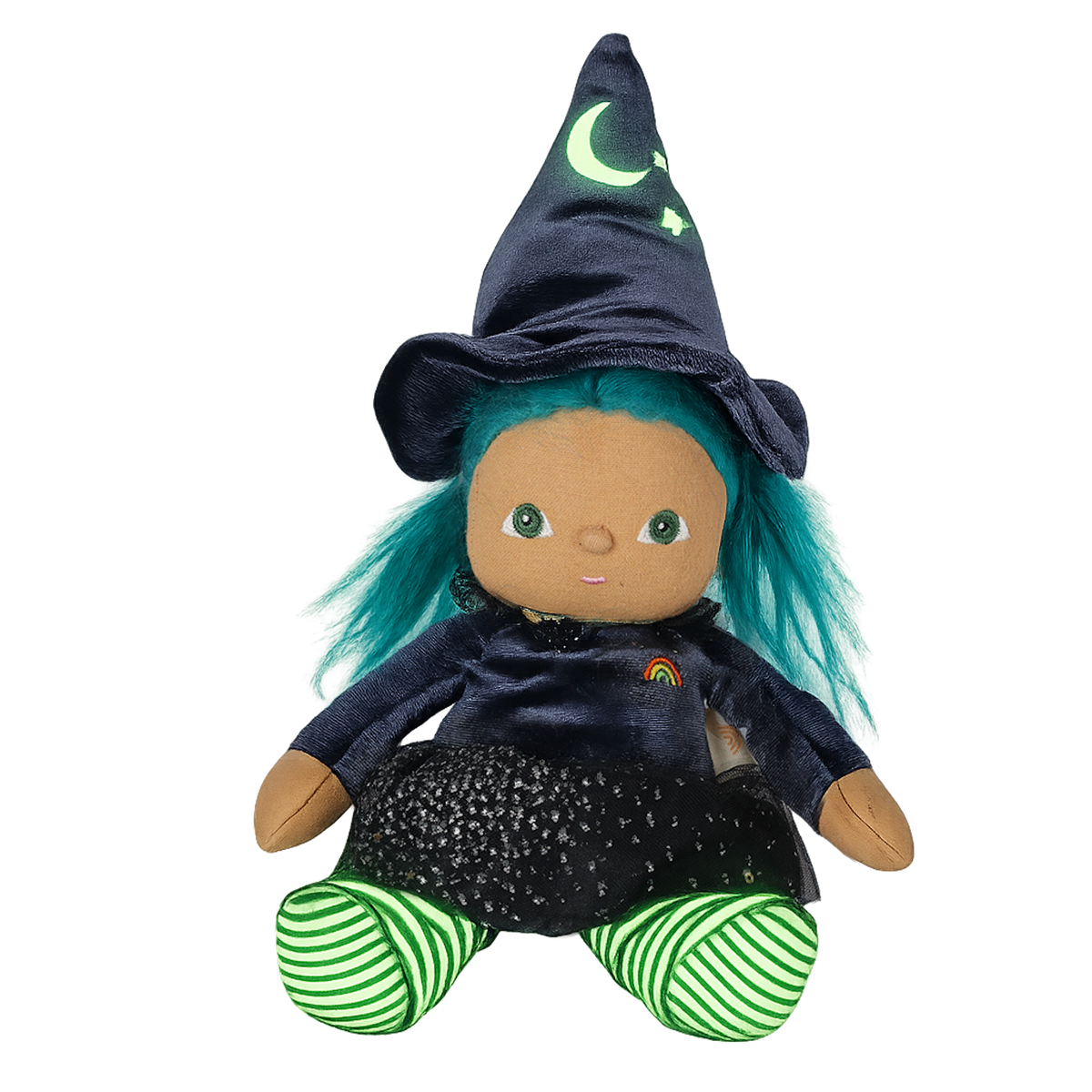 Plush witch doll with teal hair, a pointed hat with a crescent moon, and striped legs.