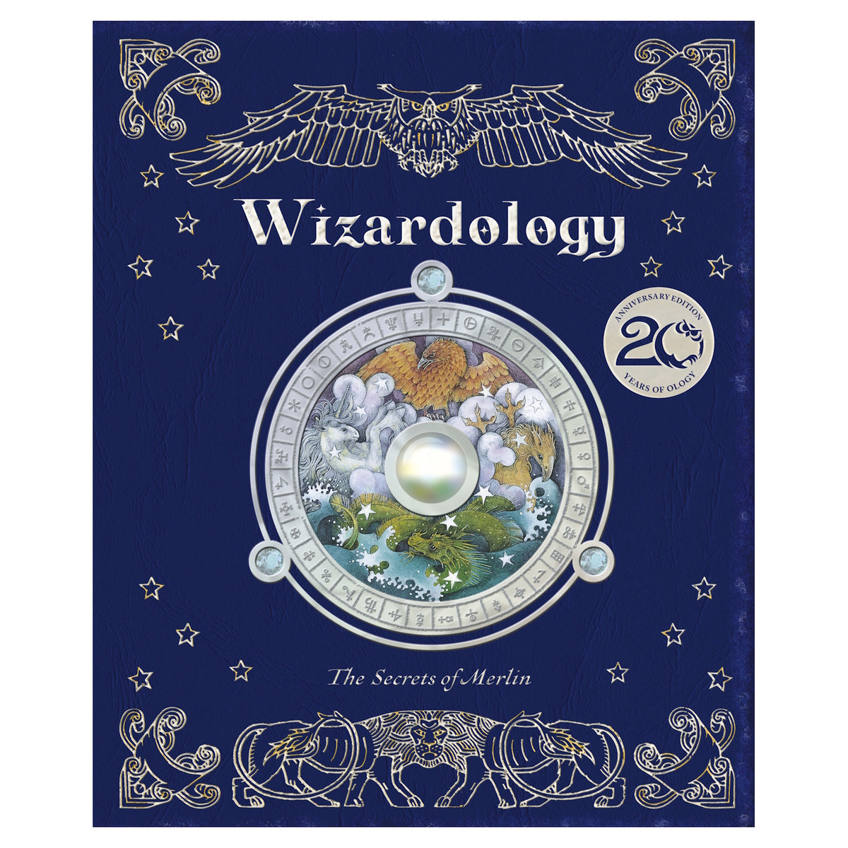 Blue book cover titled "Wizardology: The Secrets of Merlin" features an ornate owl, mystical symbols, and a central circle with mythical creatures. Magical tone.