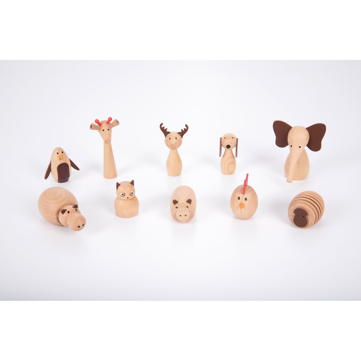 A set of charming, painted wooden animal figures designed for imaginative play, storytelling, and early learning activities.
