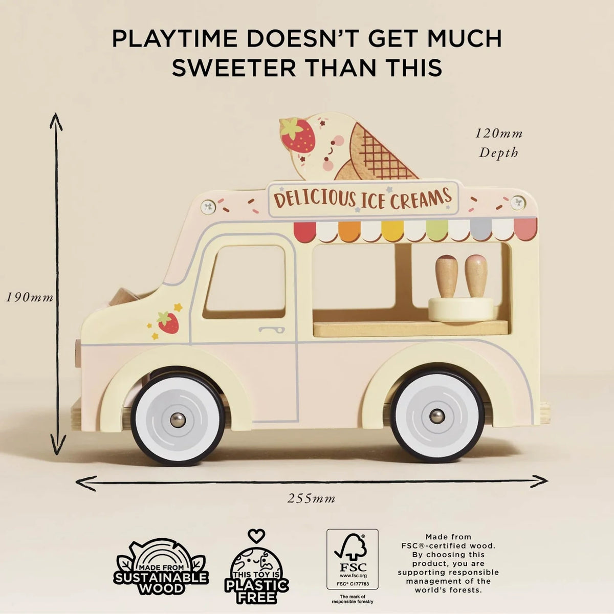 Wooden toy ice cream van with dimensions, sustainable wood, and plastic-free icons.