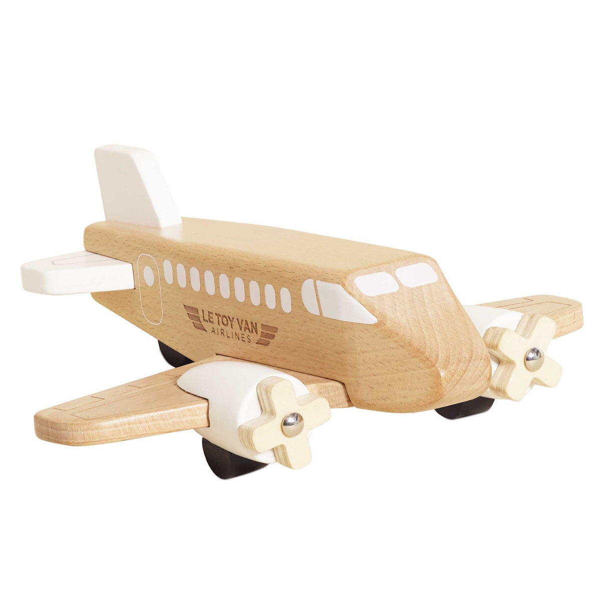 Natural wooden toy airplane with white accents, propellers on each wing, and "Le Toy Van Airlines" branding.
