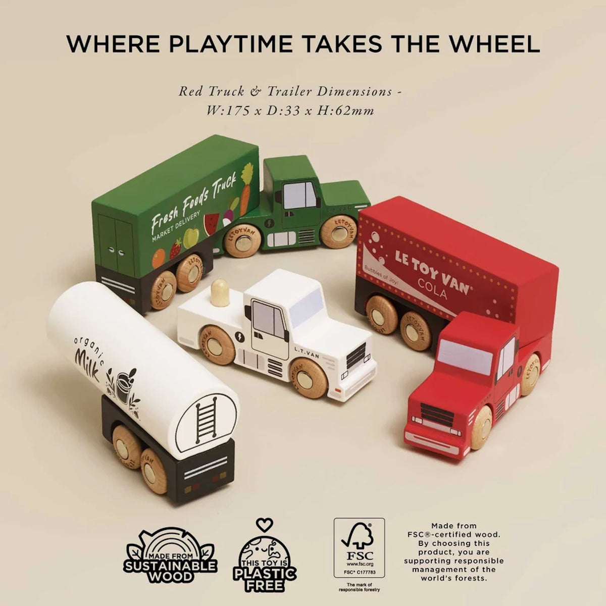 Wooden toy trucks and trailers with FSC-certified wood and plastic-free labels.