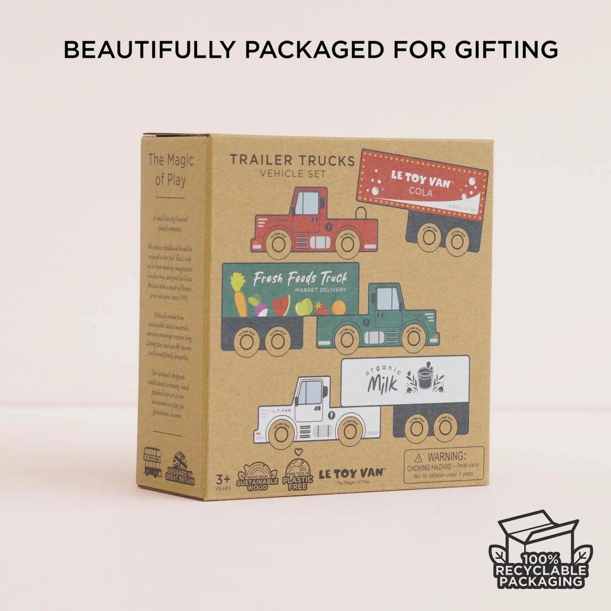 Kraft cardboard gift box for Le Toy Van trailer trucks vehicle set.